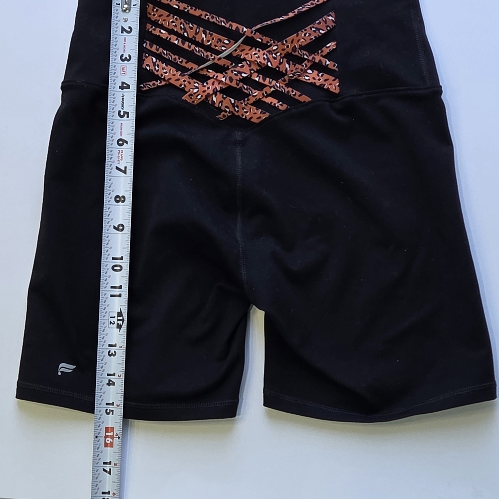 Fabletics Kessler Black PowerHold High-Waisted Bike Shorts with leopard